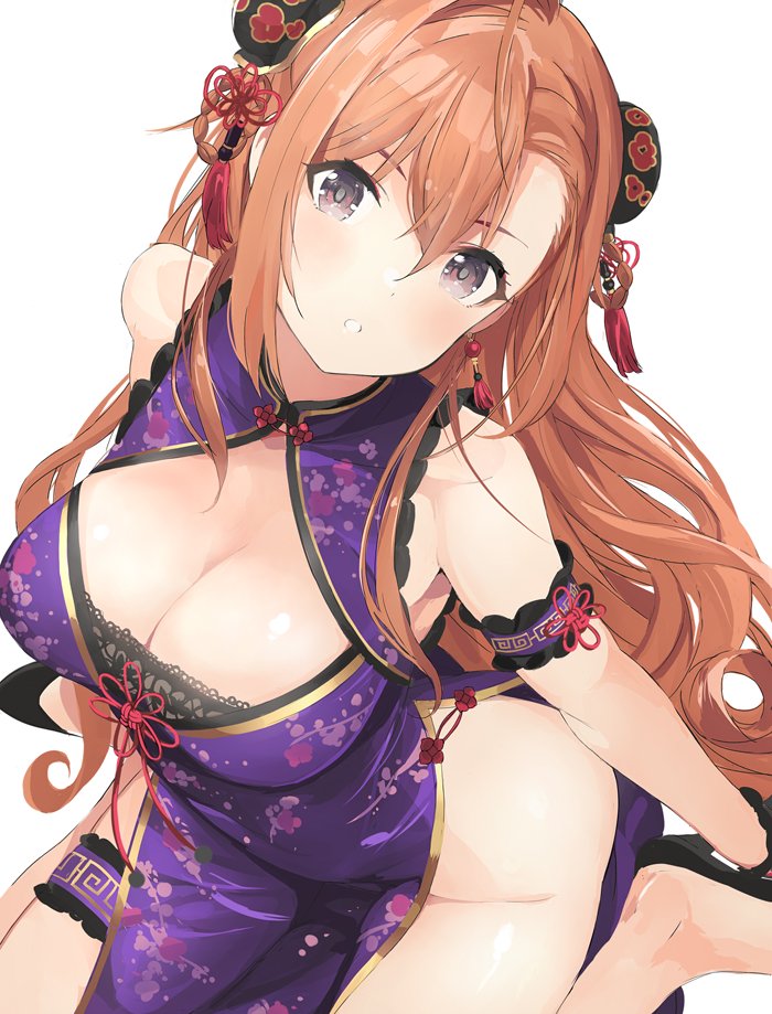 1girl arisugawa_natsuha bangs blush breasts brown_eyes china_dress chinese_clothes cleavage cleavage_cutout commentary_request double_bun dress eyebrows_visible_through_hair floral_print hair_ornament high_heels idolmaster idolmaster_shiny_colors looking_at_viewer medium_breasts orange_hair parted_lips shiny shiny_hair shiny_skin simple_background sitting sleeveless solo tetsujin_momoko thigh_strap thighs wariza white_background