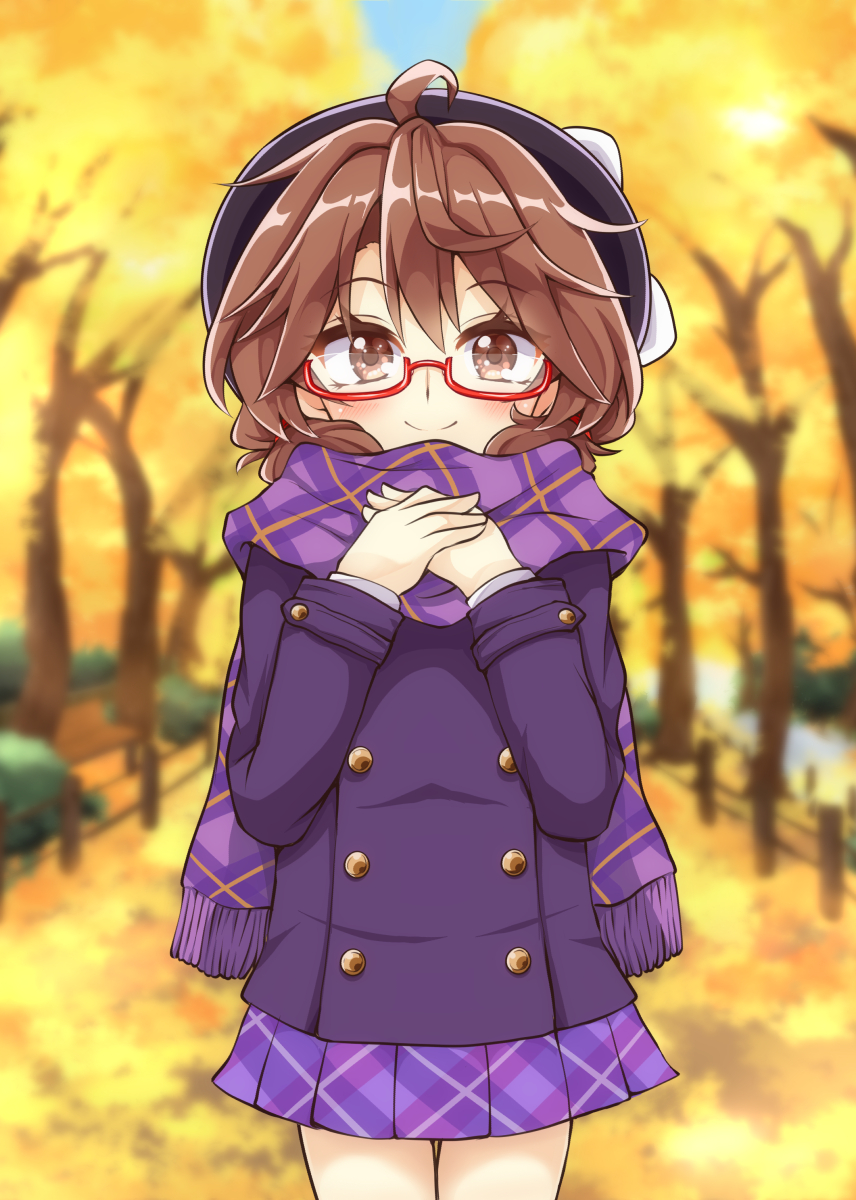 1girl ahoge aki_chimaki autumn_leaves brown_eyes brown_hair commentary_request cowboy_shot glasses hands_on_own_chest hat highres jacket looking_at_viewer plaid plaid_scarf plaid_skirt pleated_skirt purple_scarf purple_skirt red-framed_eyewear scarf semi-rimless_eyewear skirt smile solo standing touhou under-rim_eyewear usami_sumireko