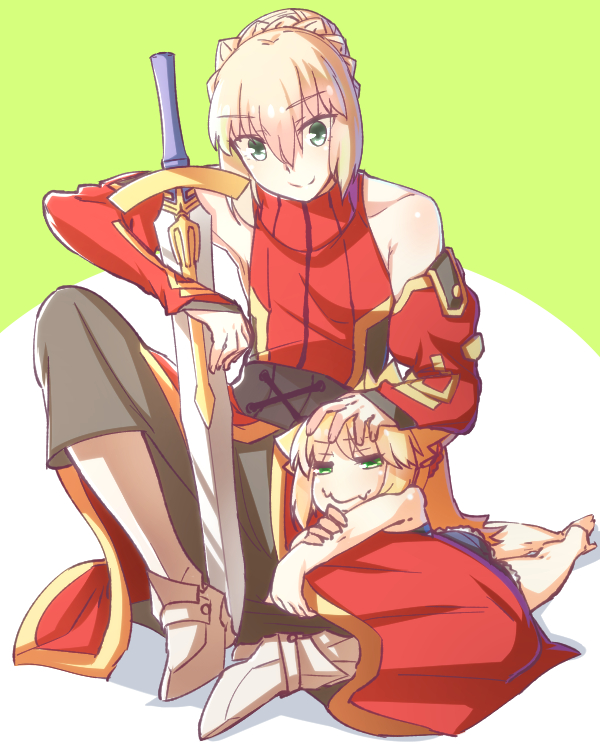 1boy 1girl animal_ears armored_boots blonde_hair boots braid cat_ears chibi detached_sleeves fate/apocrypha fate/prototype fate_(series) french_braid green_eyes grey_background kemonomimi_mode lap_pillow looking_at_another mordred_(fate) mordred_(fate)_(all) mordred_(fate/prototype) petting simple_background sitting sword weapon yamany