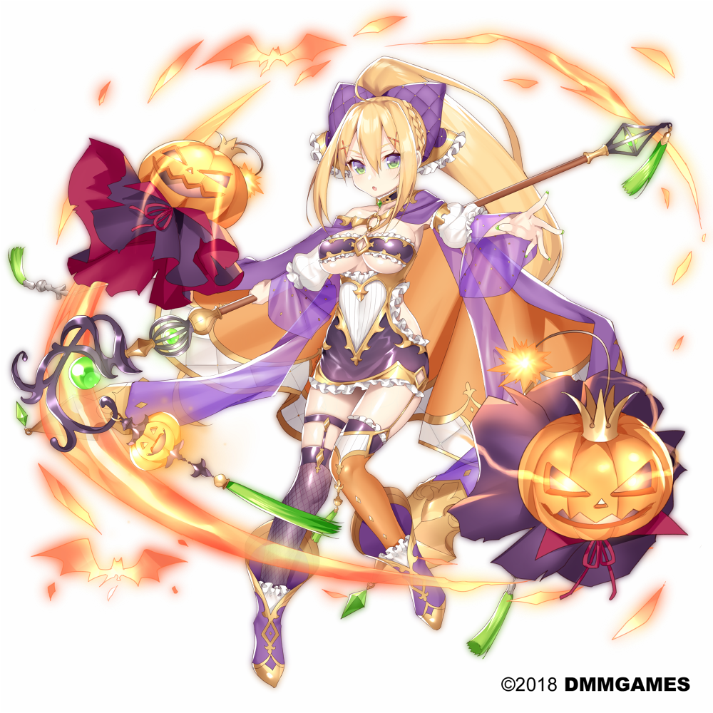 1girl blonde_hair blue_eyes bow breasts cape company_name dmm full_body gemini_seed green_eyes hair_between_eyes hair_bow hattori_masaki high_ponytail holding holding_staff jack-o'-lantern long_hair looking_at_viewer medium_breasts mismatched_legwear official_art orange_cape orange_legwear purple_bow purple_cape purple_legwear sidelocks solo staff standing very_long_hair