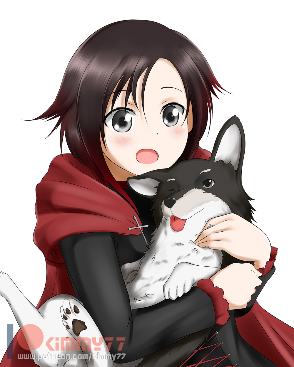 1girl :o alfred_cullado animal_ears blush brown_hair cape corset dog_ears grey_eyes highres multicolored_hair one_eye_closed red_cape redhead rwby short_hair solo upper_body white_background zwei_(rwby)