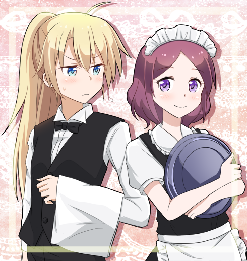 2girls apron bangs blonde_hair blue_eyes blush bow bowtie crossdressinging hair_between_eyes high_ponytail holding holding_plate long_hair maid maid_headdress multiple_girls new_game! plate ponytail puffy_short_sleeves puffy_sleeves purple_hair short_hair short_sleeves smile tissy_(mickey) tooyama_rin violet_eyes waiter yagami_kou