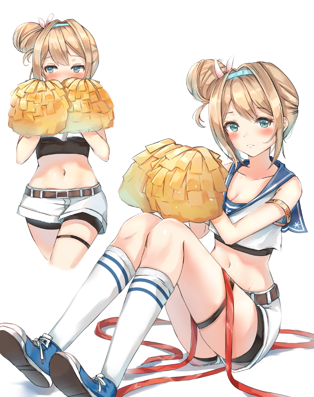 1girl bangs belt bike_shorts bike_shorts_under_shorts blue_eyes blush breasts buckle character_name cheerleader cleavage closed_mouth collarbone covered_mouth crop_top embarrassed eyebrows_visible_through_hair girls_frontline hair_between_eyes hair_ornament hairband highres holding_pom_poms kneehighs lace-up_shoes light_brown_hair long_hair looking_at_viewer looking_away medium_breasts midriff multiple_views munape navel pom_poms sailor_collar shoes short_shorts shorts side_bun sidelocks simple_background skirt sleeveless sneakers snowflake_hair_ornament suomi_kp31_(girls_frontline) thigh_strap white_background white_shorts