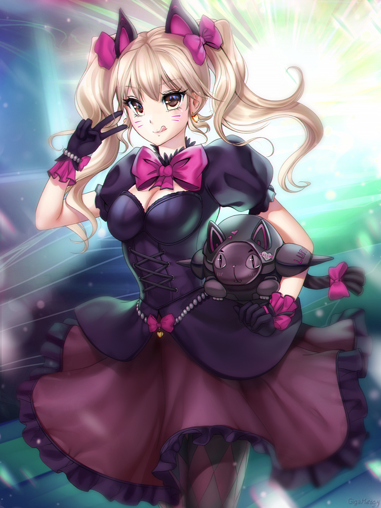 1girl :q animal_ears black_cat_d.va black_gloves black_legwear blonde_hair bow breasts brown_skirt cat_ears cleavage cleavage_cutout corset d.va_(overwatch) earrings eyebrows_visible_through_hair floating_hair frilled_skirt frills gigamessy gloves gothic_lolita hair_bow heart heart_earrings jewelry lolita_fashion long_hair medium_breasts overwatch pantyhose purple_bow short_sleeves skirt solo tongue tongue_out twintails yellow_eyes