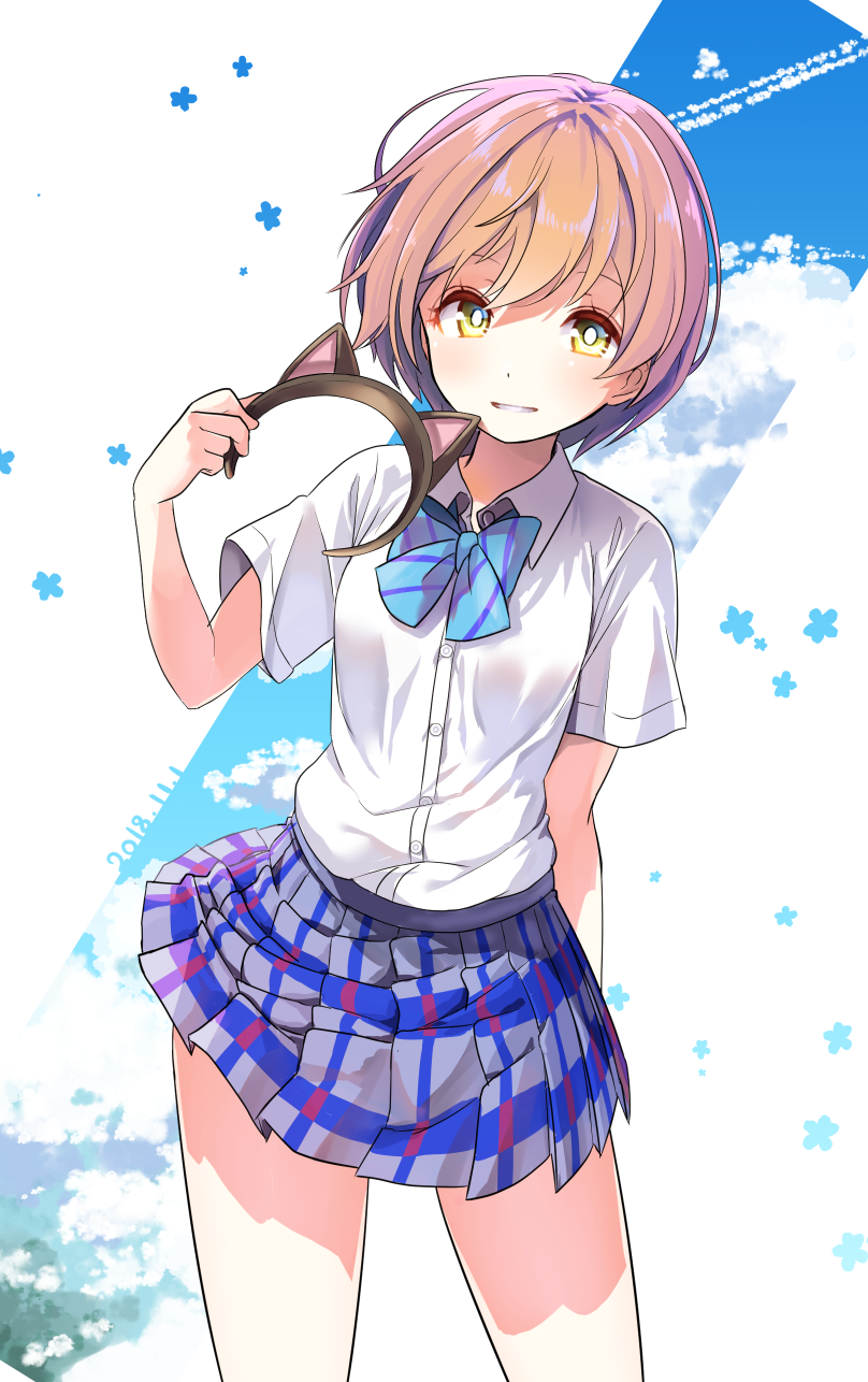 1girl animal_ears bangs blue_neckwear blue_skirt blue_sky bow bowtie brown_eyes brown_hair brown_hairband clouds cloudy_sky collared_shirt commentary_request dated day diagonal-striped_neckwear diagonal_stripes dress_shirt fake_animal_ears grin hair_between_eyes hairband hairband_removed hand_up highres holding hoshizora_rin looking_at_viewer love_live! love_live!_school_idol_project parted_lips plaid plaid_skirt pleated_skirt shipii_(jigglypuff) shirt short_sleeves skirt sky smile solo striped striped_neckwear white_shirt
