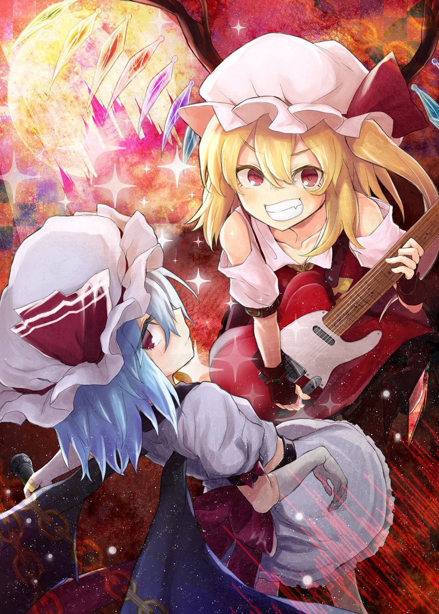 2girls arm_belt ascot bat_wings belt black_wings blonde_hair blue_hair crystal electric_guitar fingerless_gloves flandre_scarlet full_moon gloves grin guitar hair_between_eyes hat hat_ribbon highres holding holding_microphone instrument looking_at_viewer medium_hair microphone miniskirt mirino mob_cap moon multiple_girls music one_side_up playing_instrument red_eyes red_gloves red_ribbon remilia_scarlet ribbon siblings sisters skirt skirt_set smile sparkle teeth touhou white_gloves white_hat white_skirt wings yellow_neckwear