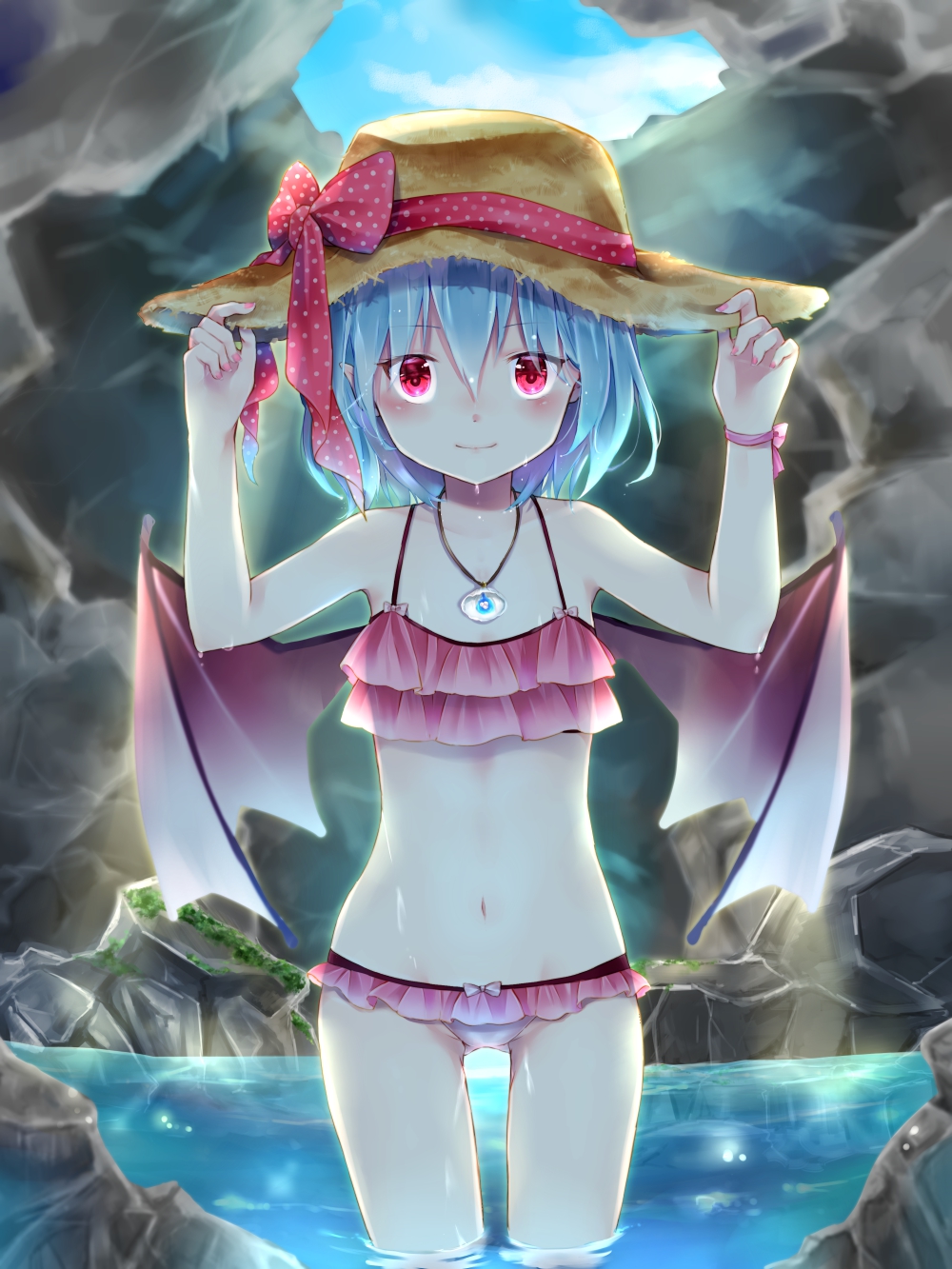 1girl bikini blue_hair blush bow cowboy_shot day hair_between_eyes hat hat_bow hat_ribbon highres jewelry looking_at_viewer nail_polish navel necklace outdoors pink_bikini pink_nails polka_dot polka_dot_bow polka_dot_ribbon red_bow red_eyes red_ribbon remilia_scarlet ribbon short_hair smile solo standing straw_hat sun_hat swimsuit thigh_gap touhou wading wings yellow_hat yurara_(aroma42enola)