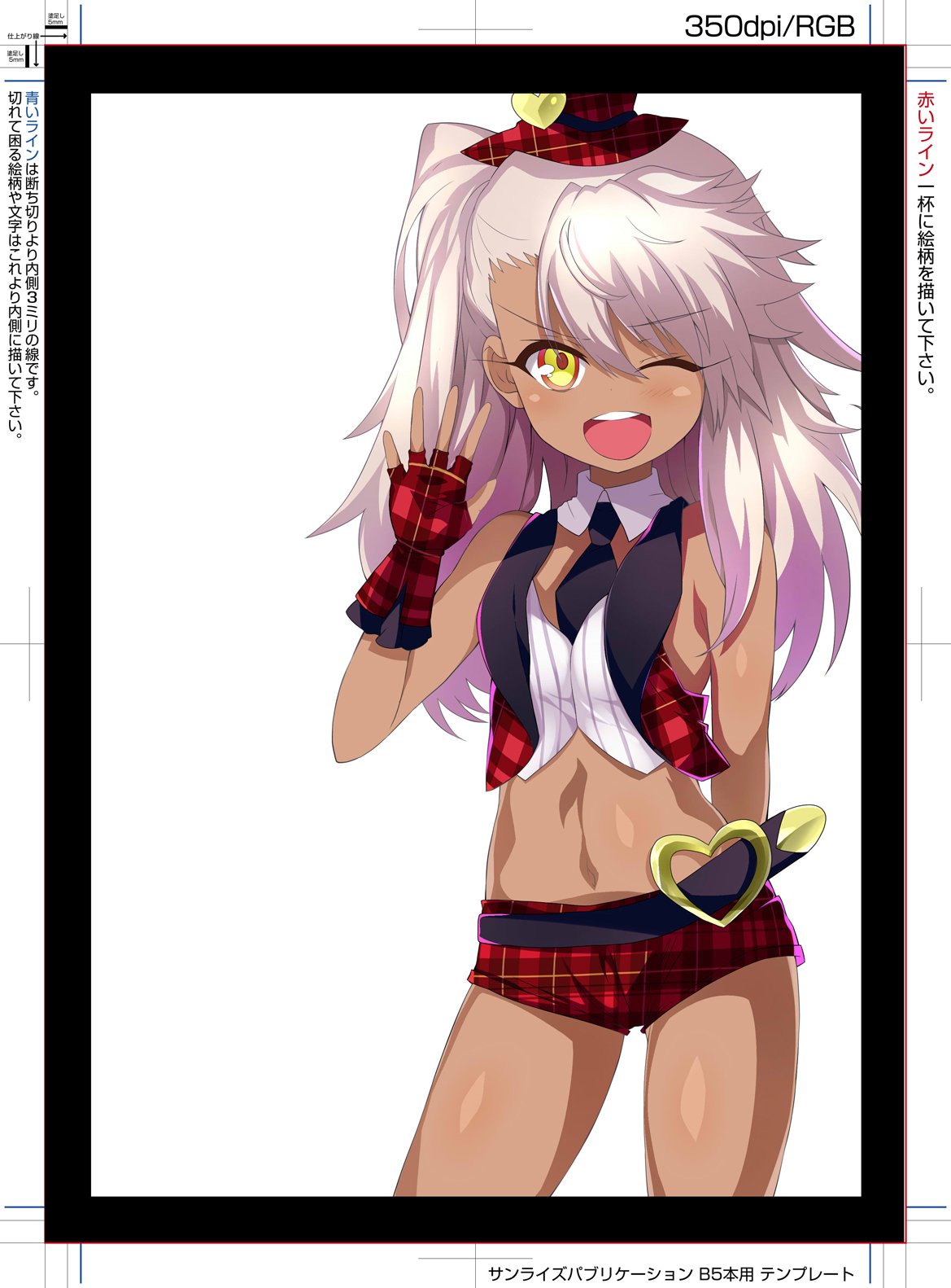 1girl bangs bare_shoulders belt black_neckwear blush breasts chloe_von_einzbern dark_skin detached_collar eyelashes fate/kaleid_liner_prisma_illya fate_(series) gloves hair_between_eyes hand_up hat highres hips long_hair looking_at_viewer midriff mini_hat navel necktie one_eye_closed pink_hair plaid plaid_shorts plaid_vest red_gloves red_hat red_shorts red_vest shimejinameko short_shorts shorts simple_background small_breasts smile solo thighs vest waving white_background