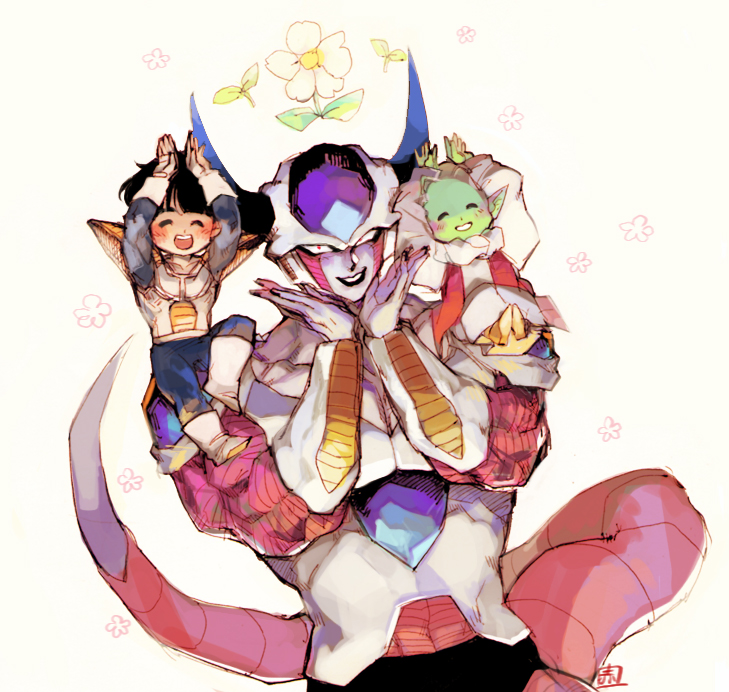 3boys :d ^_^ akame_(chokydaum) armor black_hair blush boots carrying carrying_over_shoulder closed_eyes closed_eyes dende dragon_ball dragonball_z evil_smile fingernails floating_hair floral_background flower frieza full_body gloves hands_on_own_chin hands_up happy horns leaf looking_at_viewer male_focus multiple_boys open_mouth pink_flower red_eyes short_hair simple_background sitting smile son_gohan tail teeth upper_body white_background white_flower white_gloves