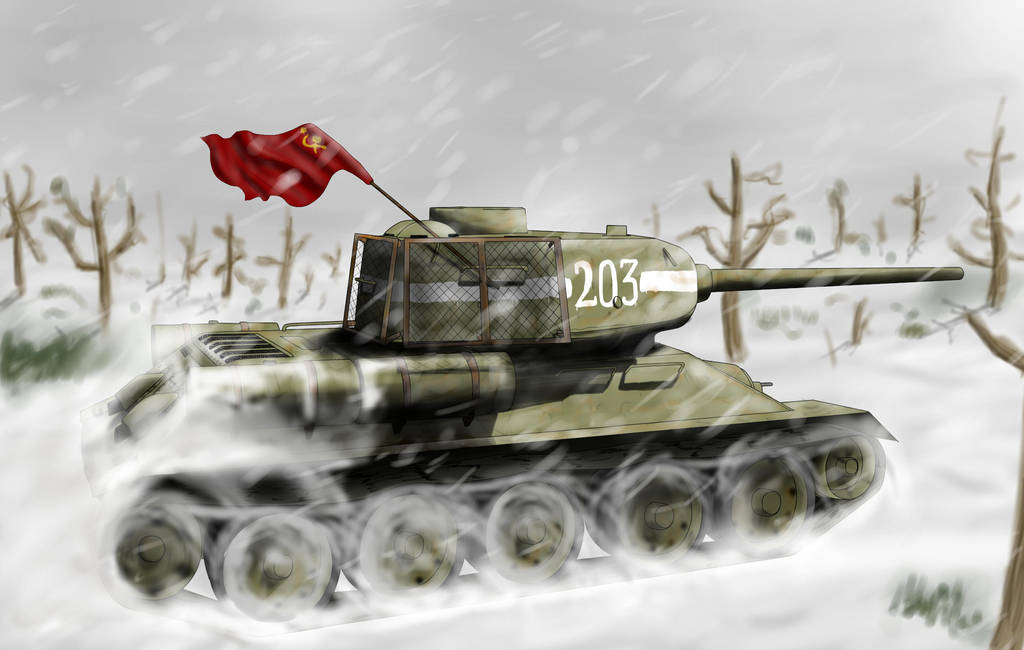 commentary engrish_commentary ground_vehicle military military_vehicle motor_vehicle no_humans original sky snow snowing soviet_flag t-34 tank thesourkraut tree