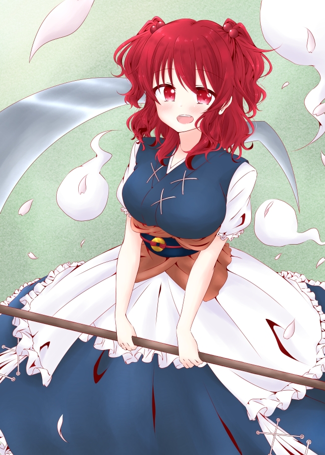 1girl asuka_(k-chinatsu-823) breasts commentary_request hair_bobbles hair_ornament hitodama holding holding_scythe looking_at_viewer obi onozuka_komachi open_mouth petals red_eyes redhead sash scythe solo standing touhou two_side_up
