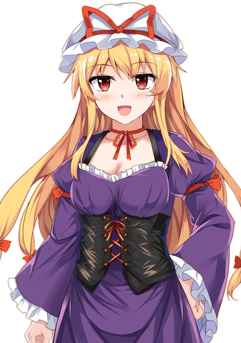 1girl alternate_eye_color arm_ribbon bangs blonde_hair bow breasts brown_eyes choker cleavage collarbone commentary_request corset cowboy_shot e.o. eyebrows_visible_through_hair frilled_sleeves frills hair_bow hand_on_hip hat hat_ribbon highres juliet_sleeves long_hair long_sleeves medium_breasts mob_cap puffy_sleeves red_bow red_choker red_ribbon ribbon ribbon_choker simple_background solo standing touhou very_long_hair white_background white_hat wide_sleeves yakumo_yukari