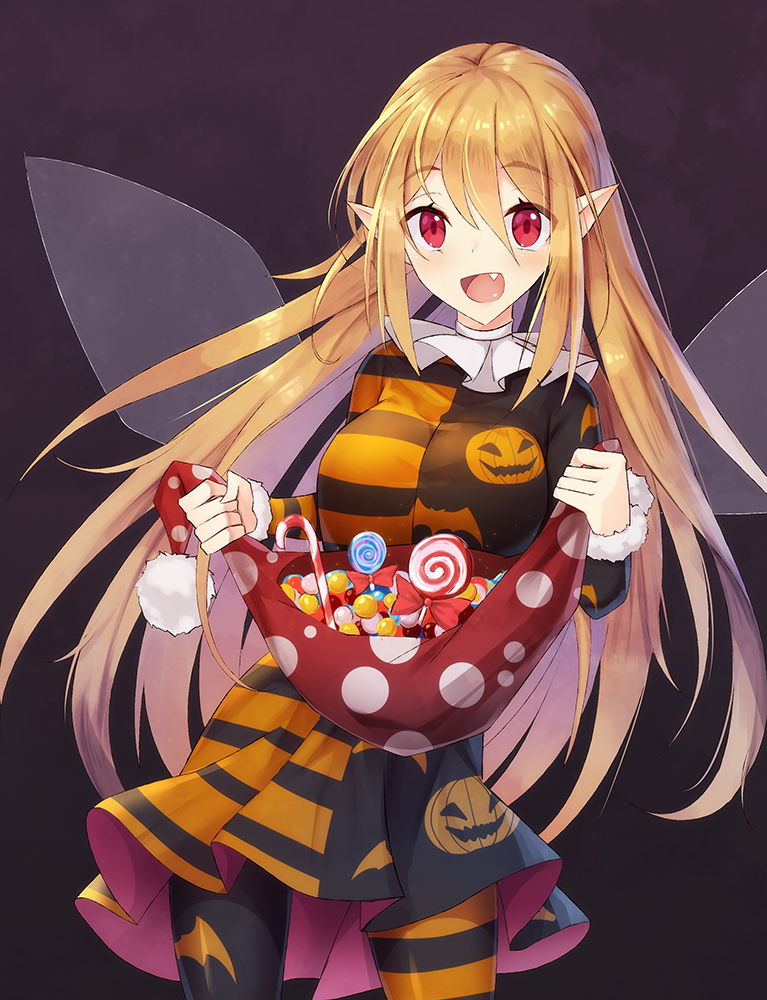 1girl alternate_color bangs black_background blonde_hair breasts candy clownpiece cowboy_shot dress fairy_wings fang food hair_between_eyes halloween hat hat_removed headwear_removed holding holding_hat jack-o'-lantern jester_cap lollipop long_hair long_sleeves looking_at_viewer medium_breasts neck_ruff open_mouth pantyhose pointy_ears red_eyes red_hat short_dress simple_background smile solo striped touhou transparent_wings very_long_hair wings z.o.b