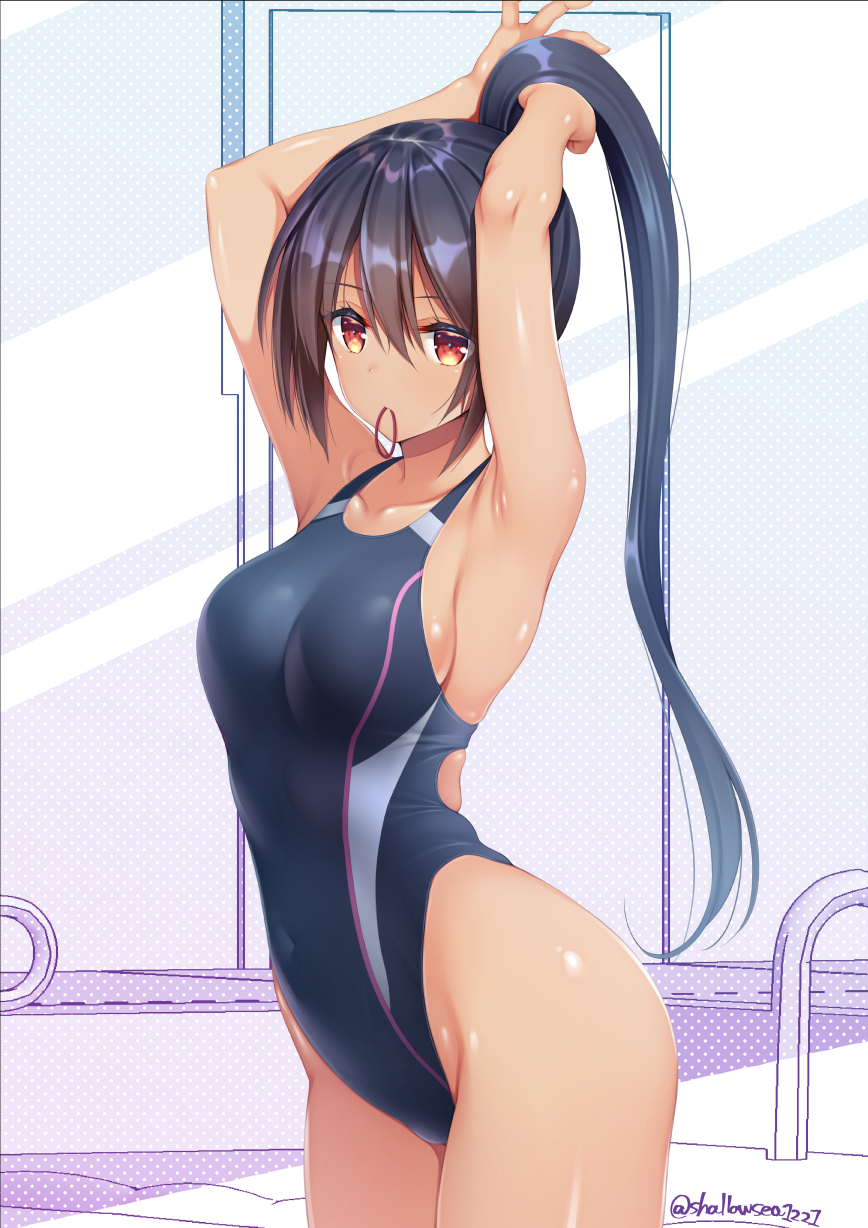 1girl armpits arms_up asami_asami bangs bare_arms black_hair black_swimsuit blush breasts collarbone competition_swimsuit cowboy_shot hair_between_eyes hair_tie high_ponytail highleg highleg_swimsuit highres long_hair looking_at_viewer medium_breasts mouth_hold one-piece_swimsuit original polka_dot polka_dot_background pool_ladder poolside red_eyes sideboob sidelocks skindentation solo swimsuit tan twitter_username tying_hair very_long_hair