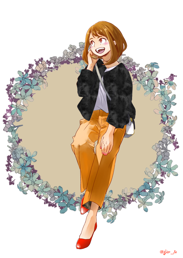 1girl :d bag black_jacket blush boku_no_hero_academia brown_eyes brown_hair brown_pants cellphone commentary_request flower fujishiro_aiko handbag jacket open_clothes open_jacket open_mouth pants phone red_footwear shirt shoes short_hair smile solo uraraka_ochako white_background white_shirt