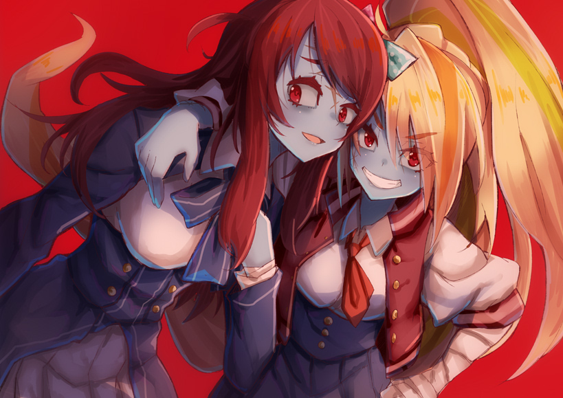 2girls arm_around_shoulder bandage bangs blonde_hair blush bow bowtie eyebrows_visible_through_hair grin hand_on_hip jacket letterman_jacket long_hair looking_at_viewer minamoto_sakura multicolored_hair multiple_girls necktie nikaidou_saki ponytail red_background red_eyes redhead school_uniform simple_background smile streaked_hair swept_bangs underbust very_long_hair yude zombie zombie_land_saga