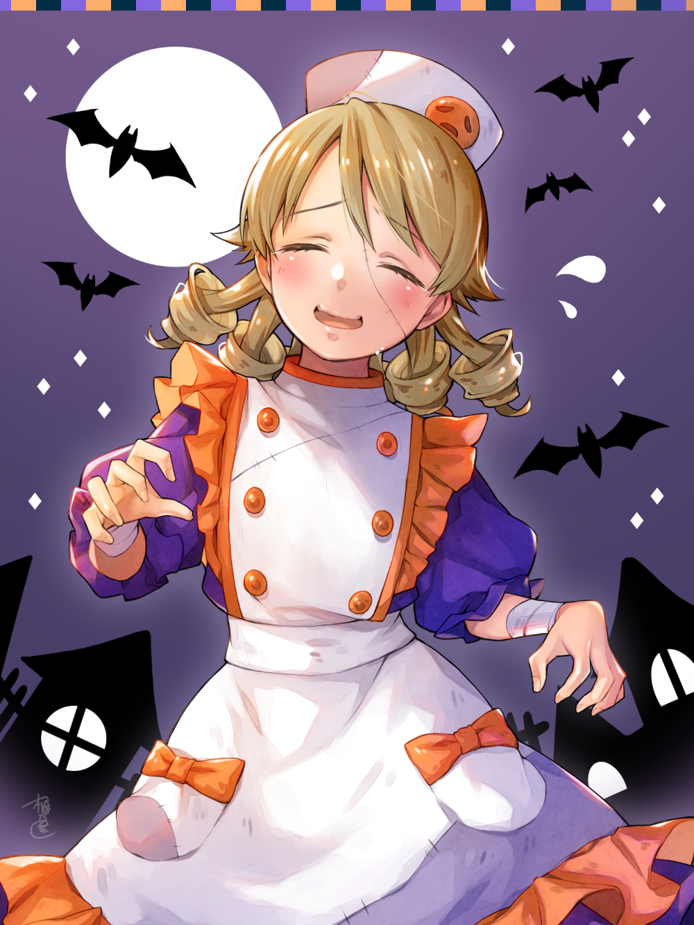 1girl badge bandage bat blush bow button_badge closed_eyes commentary_request costume cowboy_shot drill_hair eyebrows_visible_through_hair flying_sweatdrops frills full_moon halloween_costume hat highres idolmaster idolmaster_cinderella_girls idolmaster_cinderella_girls_starlight_stage light_brown_hair long_hair moon morikubo_nono nurse nurse_cap okeno_kamoku open_mouth puffy_sleeves ringlets signature smile solo star_(sky) stitches wavy_mouth