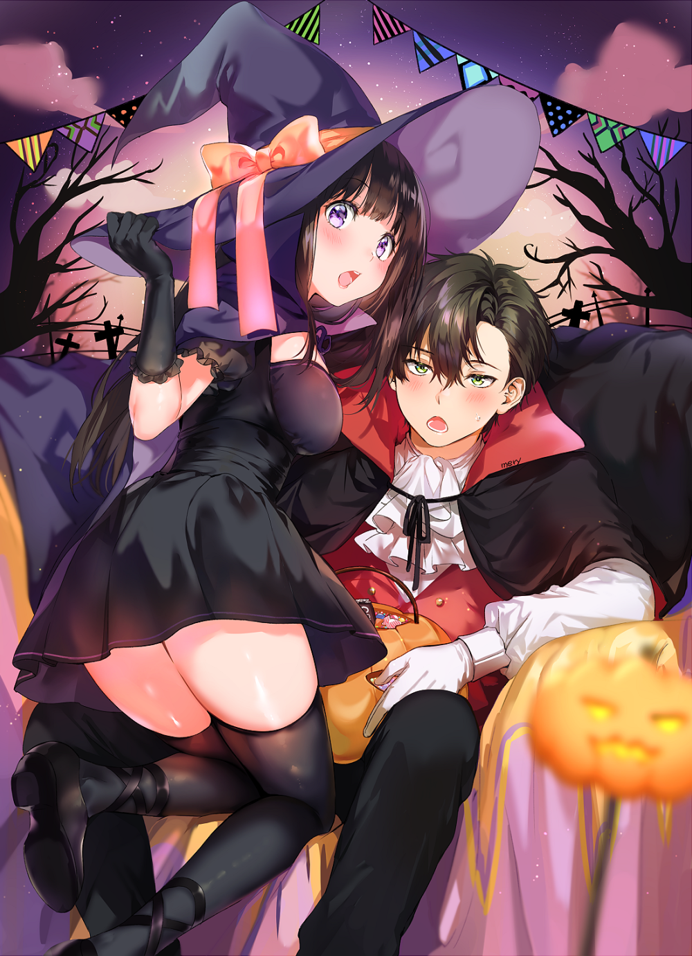 1boy 1girl black_cape black_dress black_eyes black_footwear black_gloves black_legwear cape chitanda_eru couple dress feet_out_of_frame full_body gloves green_eyes halloween hat hetero highres hyouka jack-o'-lantern long_hair looking_at_viewer mery_(apfl0515) oreki_houtarou pumps purple_sky thigh-highs tree vampire violet_eyes wavy_hair witch_hat