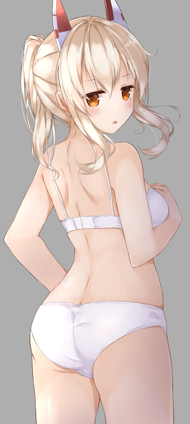 1girl :o ass ayanami_(azur_lane) azur_lane back bangs bare_arms bare_shoulders blonde_hair blush bra breasts commentary_request cowboy_shot eyebrows_visible_through_hair from_behind grey_background hair_between_eyes hair_ornament hand_on_own_chest highres long_hair looking_at_viewer looking_back medium_breasts moko_(mokomozi11) orange_eyes panties parted_lips ponytail shoulder_blades sidelocks simple_background solo underwear underwear_only white_bra white_panties