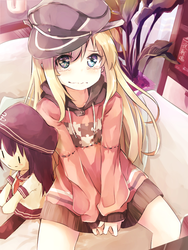 1girl akatsuki_(kantai_collection) alternate_costume bismarck_(kantai_collection) blonde_hair blue_eyes character_doll commentary_request couch doll hair_between_eyes hat hood hoodie kantai_collection long_hair long_sleeves military_hat peaked_cap pink_hoodie pink_shirt plant shirt sitting solo taisho_(gumiyuki) tears wavy_mouth younger