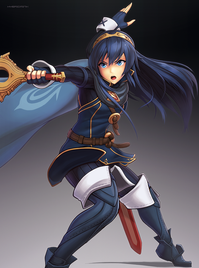 1girl blue_eyes blue_hair cape falchion_(fire_emblem) fire_emblem fire_emblem:_kakusei fire_emblem_awakening fire_emblem_heroes gloves hybridmink intelligent_systems long_hair lucina nintendo open_mouth solo sora_(company) super_smash_bros. super_smash_bros._ultimate sword tiara weapon