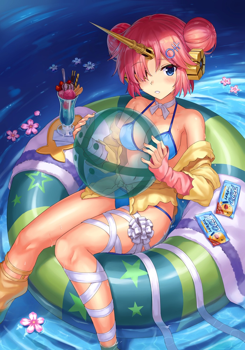 1girl ball bandage bandaged_leg bandages bangs bare_shoulders beachball bikini blue_bikini blush breasts cleavage collarbone commentary_request day double_bun eyebrows_visible_through_hair fate/grand_order fate_(series) feet_out_of_frame fingernails flower flower_on_water food frankenstein's_monster_(fate) frankenstein's_monster_(swimsuit_saber)_(fate) hair_ornament hair_over_one_eye hands_up highres holding holding_ball horn ice_cream innertube jacket long_sleeves looking_at_viewer medium_breasts navel npcpepper off_shoulder outdoors parfait parted_lips pink_flower pink_hair pocky side_bun sitting sleeves_past_wrists soaking_feet solo spoon swimsuit towel transparent wafer_stick water yellow_jacket