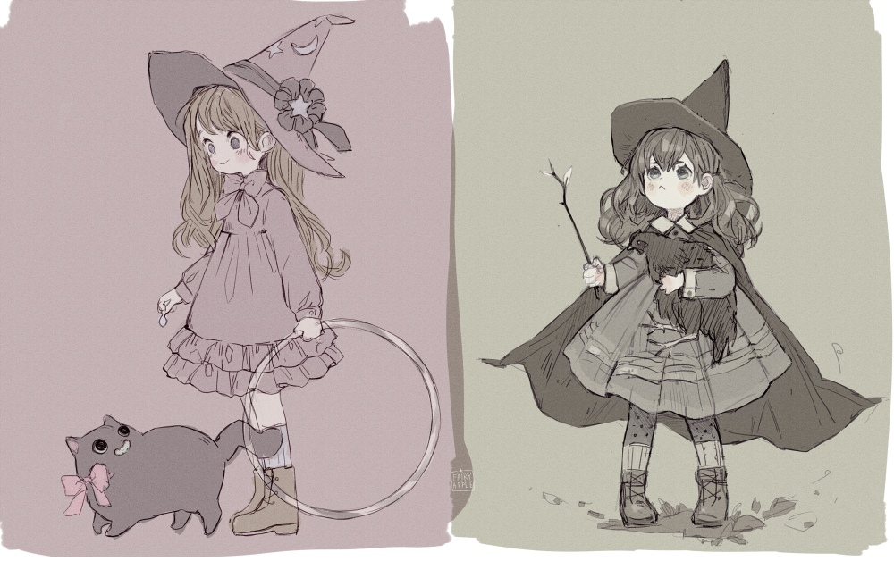 2girls bird black_hair blush boots bow brown_hair cat cloak closed_mouth commentary_request dress fairyapple full_body grey_eyes hat long_hair long_sleeves multiple_girls original russian_commentary simple_background sketch smile witch_hat