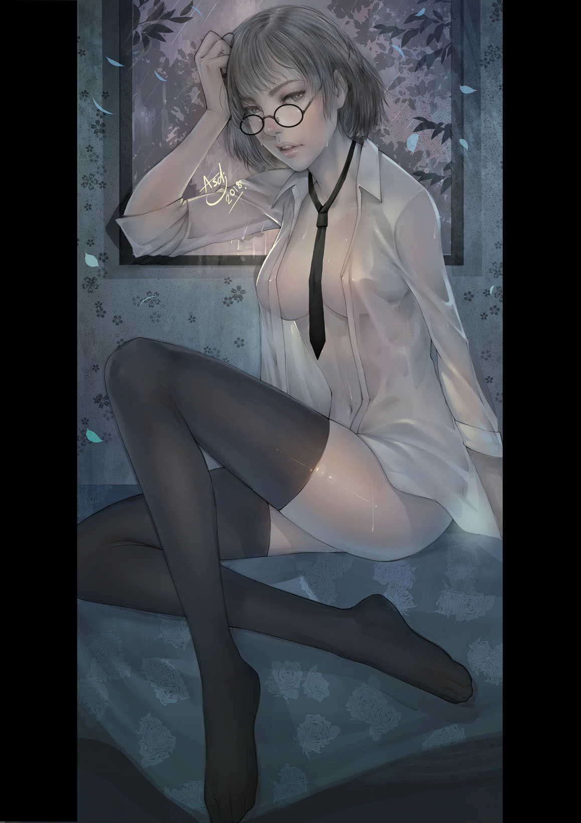 1girl 2018 arm_support asdj barefoot blonde_hair dated glasses highres lips looking_at_viewer mole naked_shirt necktie original parted_lips realistic shirt short_hair signature sitting solo thigh-highs tree_branch window yellow_eyes