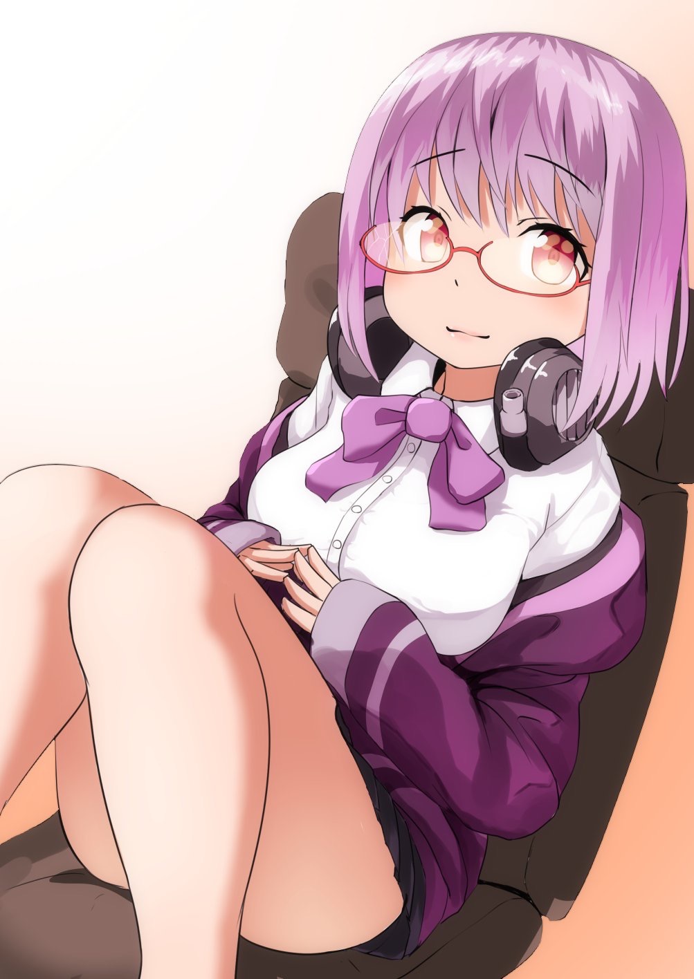 1girl black_skirt bow brown_background chair closed_mouth collared_shirt commentary_request dress_shirt fingernails fingers_together gradient gradient_background headphones headphones_around_neck highres jacket knees_up kyabe_tsuka long_sleeves off_shoulder office_chair on_chair pink_hair pleated_skirt purple_bow purple_jacket red-framed_eyewear red_eyes semi-rimless_eyewear shinjou_akane shirt sitting skirt sleeves_past_wrists smile solo ssss.gridman under-rim_eyewear white_background white_shirt