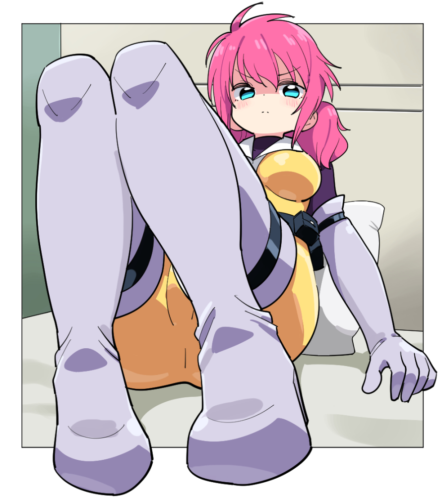 1girl bodysuit breasts commentary_request elbow_gloves feldt_grace gloves green_eyes gundam gundam_00 large_breasts looking_at_viewer pink_hair shaded_face skin_tight solo tonmoh twintails yellow_bodysuit