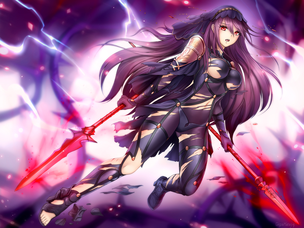 1girl bodysuit breasts dual_wielding electricity eyebrows_visible_through_hair fate/grand_order fate_(series) floating_hair gigamessy hair_between_eyes holding holding_weapon long_hair looking_at_viewer medium_breasts navel open_mouth polearm purple_hair red_eyes scathach_(fate)_(all) scathach_(fate/grand_order) solo spear torn_bodysuit torn_clothes under_boob very_long_hair weapon