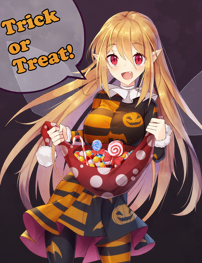 1girl alternate_color bangs black_background blonde_hair breasts candy clownpiece commentary_request cowboy_shot dress fairy_wings fang food hair_between_eyes halloween hat hat_removed headwear_removed holding holding_hat jack-o'-lantern jester_cap lollipop long_hair long_sleeves looking_at_viewer medium_breasts open_mouth pantyhose pointy_ears red_eyes red_hat short_dress simple_background smile solo striped touhou transparent_wings trick_or_treat very_long_hair wings z.o.b