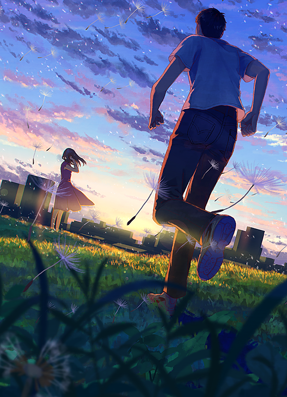 1boy 1girl adjusting_hair black_hair blurry building city clouds dandelion denim depth_of_field dress dutch_angle flower grass hiko_(scape) jeans original pants running short_hair sky sunset wind