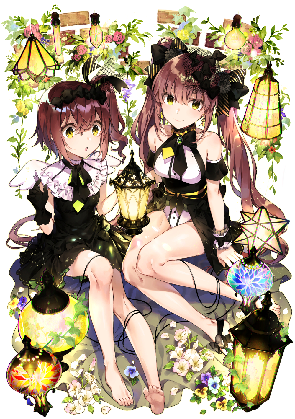 2girls bangs bare_legs bare_shoulders barefoot black_bow black_dress blue_footwear bow breasts brown_hair closed_mouth commentary_request dress earrings eyebrows_visible_through_hair flower glowing hair_between_eyes hair_bow highres jewelry lantern leotard long_hair medium_breasts multiple_girls one_side_up original parted_lips purple_flower shirako_miso sitting smile twintails very_long_hair white_background white_footwear white_leotard wrist_cuffs yellow_eyes yellow_flower