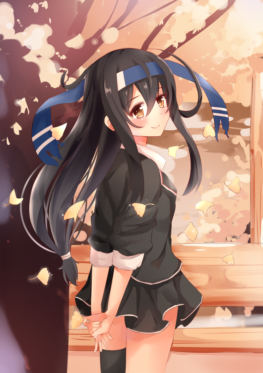 1girl arms_behind_back back black_hair black_legwear blazer cherry_blossoms cuiseika eyebrows_visible_through_hair flower hair_between_eyes hatsushimo_(kantai_collection) headband highres indoors jacket kantai_collection long_hair looking_at_viewer looking_back low-tied_long_hair petals pleated_skirt red_eyes remodel_(kantai_collection) school_uniform shirt single_thighhigh skirt sleeves_rolled_up solo thigh-highs tree white_shirt