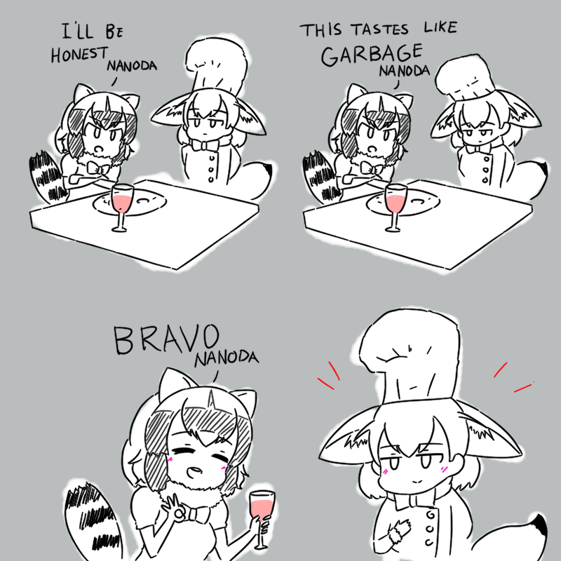 2girls ^_^ animal_ears arms_behind_back beolseoneunseobeol blush bow bowtie buttons chef chef_hat chef_uniform closed_eyes closed_eyes closed_mouth comic common_raccoon_(kemono_friends) crossed_arms cup drink drinking_glass english fennec_(kemono_friends) fox_ears fox_tail greyscale hand_up hands_up hat holding holding_cup kemono_friends long_sleeves looking_at_another monochrome multiple_girls ok_sign open_mouth plate puffy_short_sleeves puffy_sleeves raccoon_ears raccoon_tail short_hair short_sleeves smile spot_color striped_tail sweater table tail upper_body