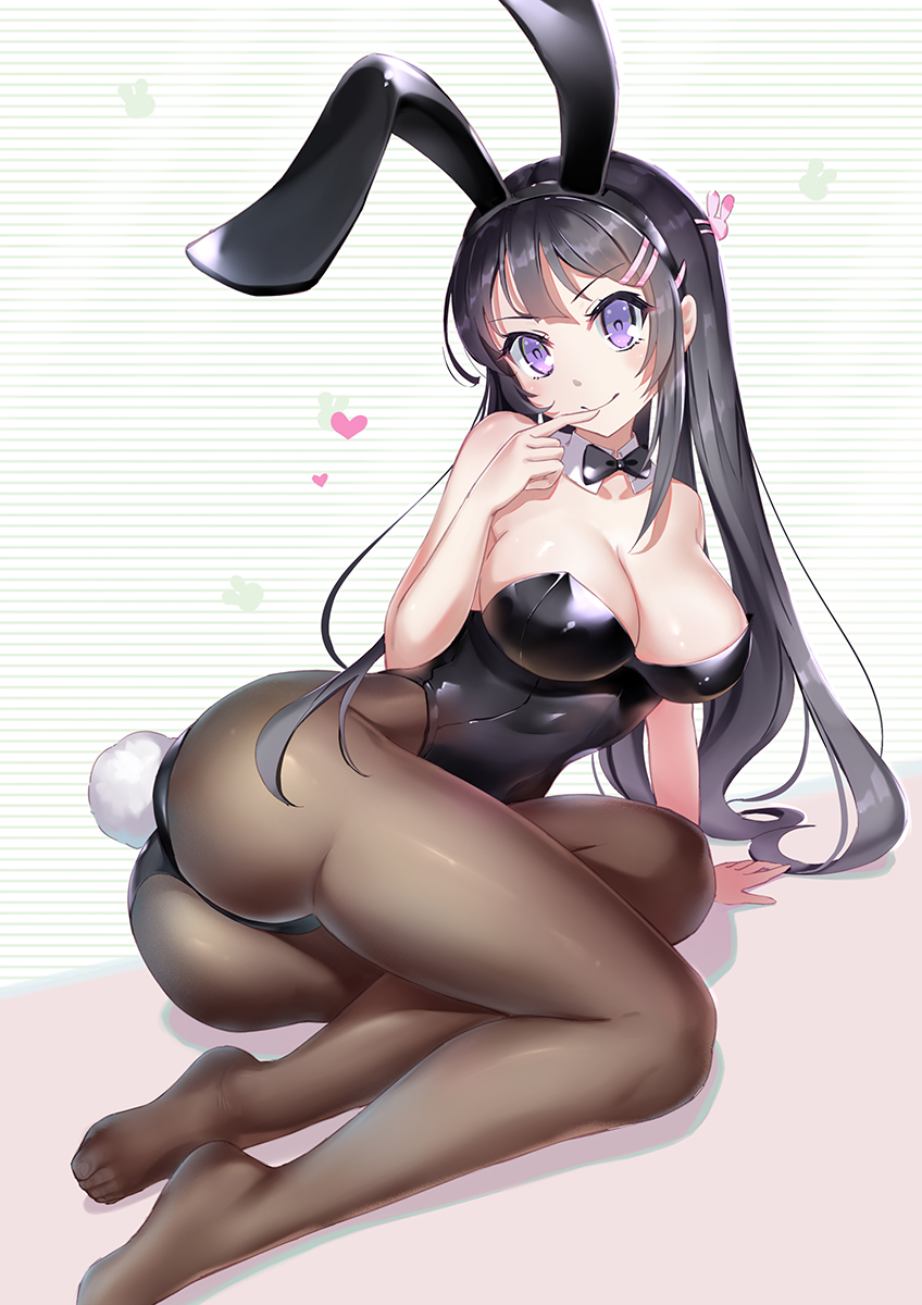 &gt;:) 1girl animal_ears arm_support asanogawa_(tutufcc) ass bangs black_hair black_hairband black_leotard black_neckwear blush bow bowtie breasts brown_legwear bunny_girl bunny_tail bunnysuit cleavage closed_mouth covered_navel detached_collar eyebrows_visible_through_hair fake_animal_ears hair_ornament hairband hairclip hand_up head_tilt highres large_breasts leotard long_hair no_shoes pantyhose rabbit_ears sakurajima_mai seishun_buta_yarou smile solo strapless strapless_leotard striped striped_background tail v-shaped_eyebrows very_long_hair violet_eyes white_collar