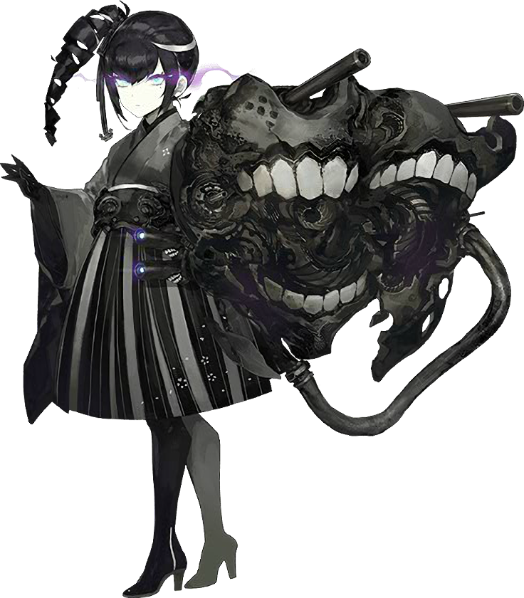 1girl anchor_hair_ornament ancient_destroyer_oni artist_request bangs black_footwear black_gloves black_hair black_hakama black_legwear blue_eyes boots cannon closed_mouth drill_hair full_body gloves glowing glowing_eyes hair_ornament hakama high_heel_boots high_heels hose japanese_clothes kantai_collection kimono long_sleeves looking_at_viewer machinery meiji_schoolgirl_uniform mole mole_under_eye mouth official_art shinkaisei-kan side_drill side_ponytail sidelocks single_drill solo teeth thigh-highs thigh_boots transparent_background tsurime turret white_skin wide_sleeves
