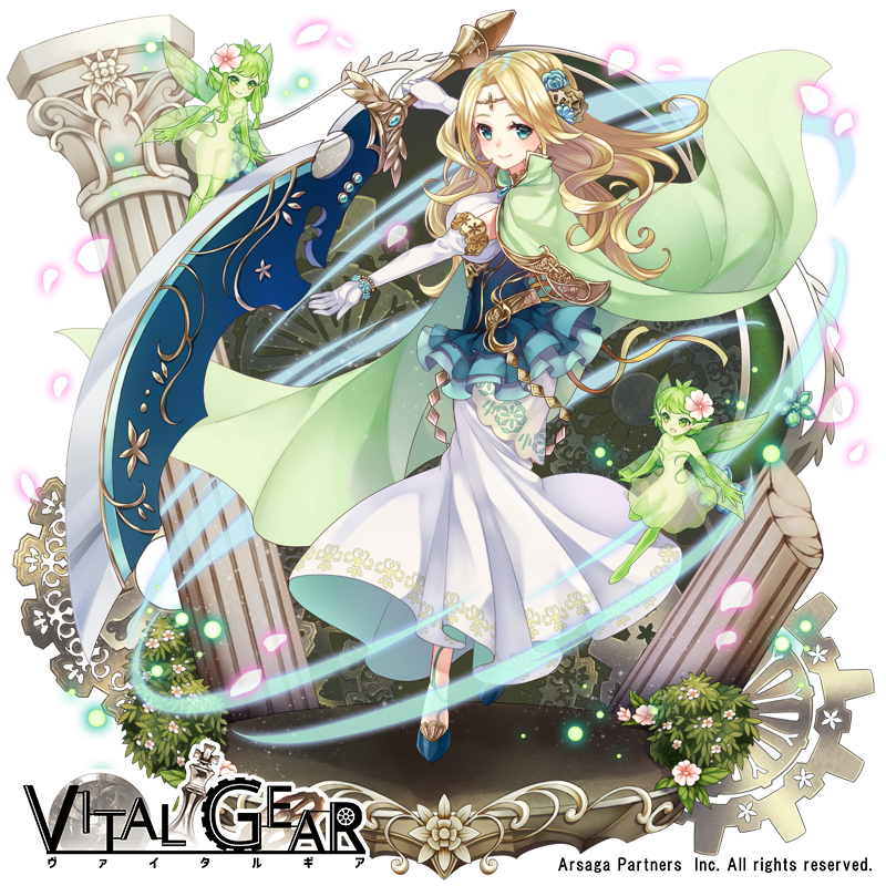 3girls blonde_hair blue_footwear blue_skirt cape circlet column company_name copyright_name dress elbow_gloves fairy flower full_body gears gloves green_cape green_skin hair_flower hair_ornament holding holding_sword holding_weapon kasuka108 long_hair looking_at_viewer multiple_girls official_art pillar skirt smile sword vital_gear watermark weapon white_background white_dress white_gloves