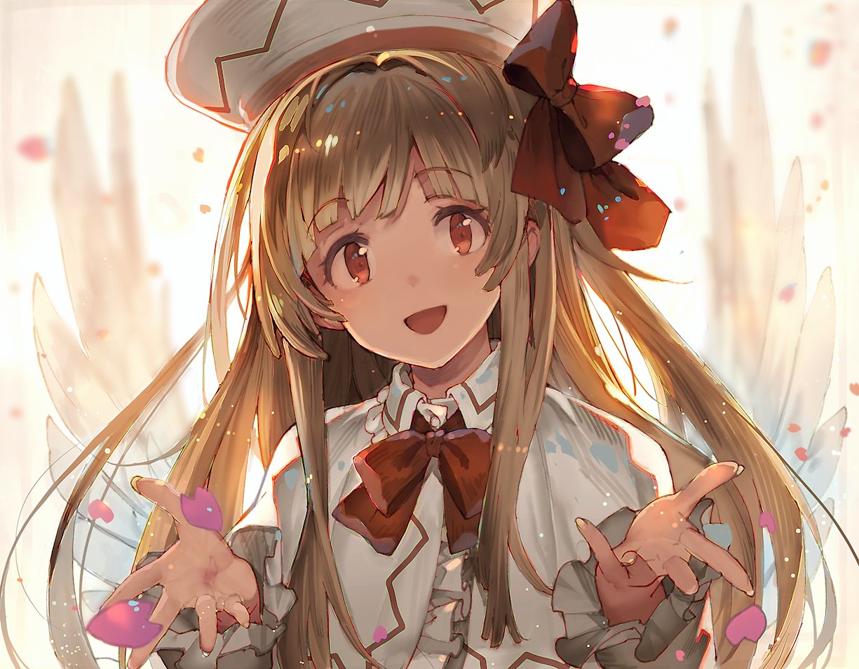 1girl bangs blonde_hair blunt_bangs bow bowtie capelet cherry_blossoms dress eho_(icbm) fairy_wings frills hair_bow hands_up hat head_tilt lily_white long_hair looking_at_viewer red_bow red_eyes red_neckwear smile solo touhou upper_body white_capelet white_dress white_hat white_wings wing_collar wings