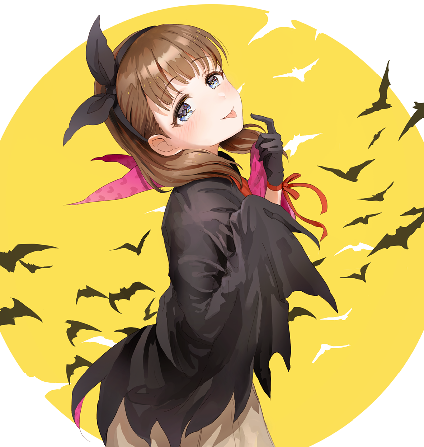 1girl :p bat black_gloves black_hairband blue_eyes blush bow brown_hair cloak commentary_request cowboy_shot eyebrows_visible_through_hair full_moon gloves hairband head_tilt heart heart_print idolmaster idolmaster_cinderella_girls looking_at_viewer moon omisoshiru red_ribbon ribbon sakuma_mayu simple_background smile solo tongue tongue_out wrist_ribbon