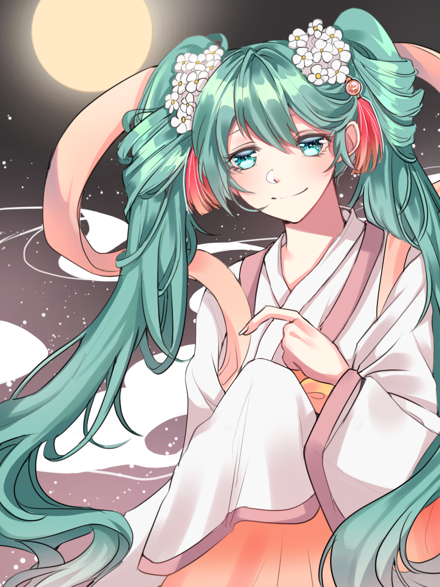 1girl aqua_eyes aqua_hair black_background flower full_moon hair_flower hair_ornament hatsune_miku highres japanese_clothes long_hair moon pink_scarf ronpu_cooing scarf smile solo tassel twintails upper_body very_long_hair vocaloid wide_sleeves