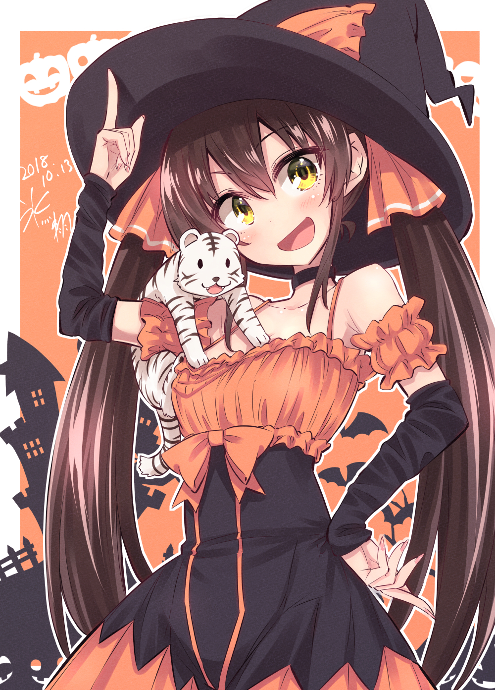 1girl :d bare_shoulders bow breasts brown_hair cat choker detached_sleeves dress frilled_dress frills hair_ribbon halloween halloween_costume hands_on_another's_chest hat hat_tip highres hikawa_shou idolmaster idolmaster_cinderella_girls matoba_risa nail_polish open_mouth orange_bow orange_dress orange_ribbon ribbon smile solo twintails witch_hat yellow_eyes