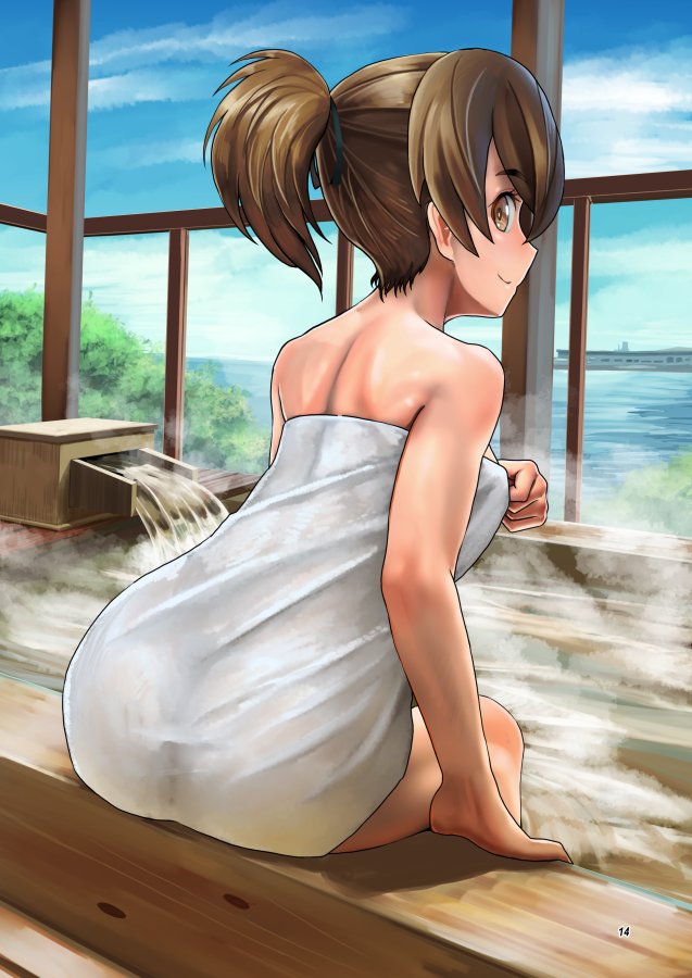 1girl abazu-red arm_support ass back bangs bare_shoulders bath black_ribbon blue_sky brown_eyes brown_hair closed_mouth clouds cloudy_sky commentary_request day eyebrows_visible_through_hair from_behind girls_und_panzer hair_ribbon indoors koyama_yuzu leaning_forward looking_at_viewer looking_back naked_towel ocean ribbon short_hair short_ponytail sitting sky smile soaking_feet solo steam towel window