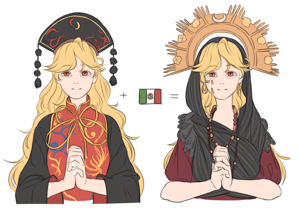 1girl alternate_costume blonde_hair chinese_clothes commentary comparison crescent earrings equation eyebrows_visible_through_hair hands_clasped hat headdress jewelry junko_(touhou) long_hair long_sleeves looking_at_viewer mefomefo mexican_flag own_hands_together pom_pom_(clothes) red_eyes shawl short_sleeves simple_background smile solo tears touhou upper_body white_background wide_sleeves