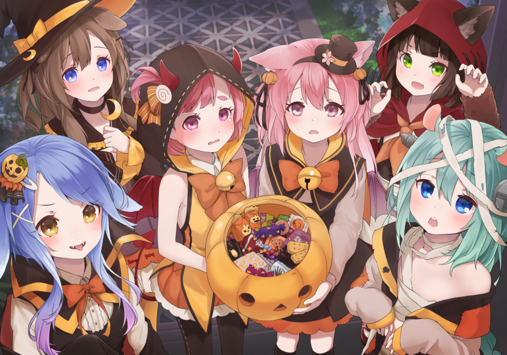6+girls animal_ears aqua_hair arm_warmers azur_lane bandage bandaged_head bandages bangs bare_shoulders basket bell black_choker black_hair black_hat black_legwear black_ribbon black_skirt black_vest blue_eyes blunt_bangs blush bow bowtie braid brown_eyes brown_hair candy cat_ears center_frills character_request chestnut_mouth choker claw_pose claws commentary_request cookie crescent crescent_hair_ornament crescent_moon_pin demon_horns demon_tail demon_wings dog_ears ears_through_headwear eyebrows_visible_through_hair fake_horns fang food food_themed_hair_ornament frilled_shirt_collar frilled_skirt frilled_sleeves frills fumizuki_(azur_lane) gradient_hair green_eyes hair_ornament hair_ribbon halloween halloween_costume hands_on_own_chest hat hat_bow holding hood hood_up horns jingle_bell kisaragi_(azur_lane) kneehighs long_hair long_sleeves looking_at_viewer mikazuki_(azur_lane) minazuki_(azur_lane) mouse_ears multicolored_hair multiple_girls mutsuki_(azur_lane) neckerchief off_shoulder orange_bow orange_neckwear orange_skirt outdoors pantyhose pink_hair pov pumpkin_hair_ornament purple_hair ribbon ribbon-trimmed_legwear ribbon_trim sarashi screw shirt short_hair sidelocks single_braid skirt sleeveless sleeves_past_wrists smile standing stitches sumi_(kjtd2458) swept_bangs tail thick_eyebrows tongue tongue_out two_side_up upper_teeth v-shaped_eyebrows vest violet_eyes wavy_mouth white_shirt wings witch_hat wolf_ears x_hair_ornament yellow_bow