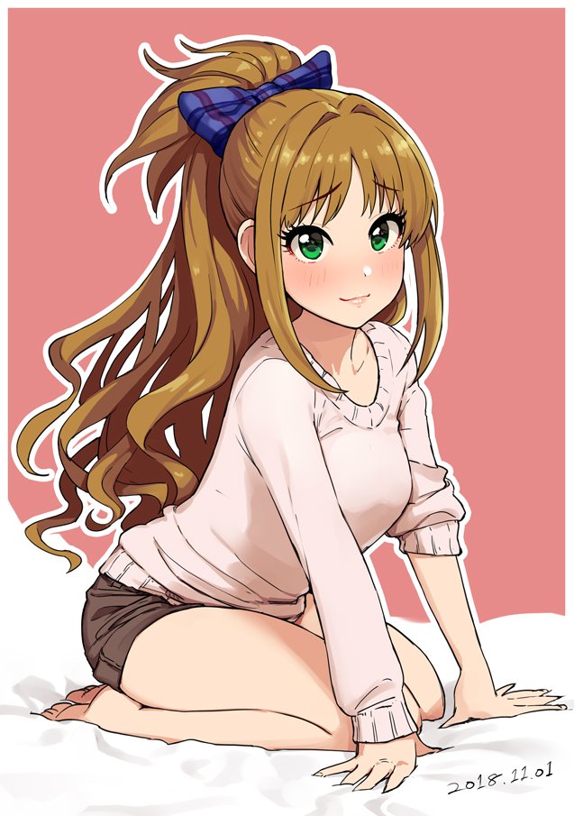 1girl bangs blue_bow blush border bow breasts brown_hair brown_shorts closed_mouth collarbone dated eyebrows_visible_through_hair green_eyes hair_bow high_ponytail hino_akane_(idolmaster) idolmaster idolmaster_cinderella_girls legs long_hair long_sleeves looking_at_viewer medium_breasts omaru_gyuunyuu pink_background ponytail seiza short_shorts shorts simple_background sitting sleeve_rolled_up smile solo sweater thighs wavy_hair white_border white_sweater