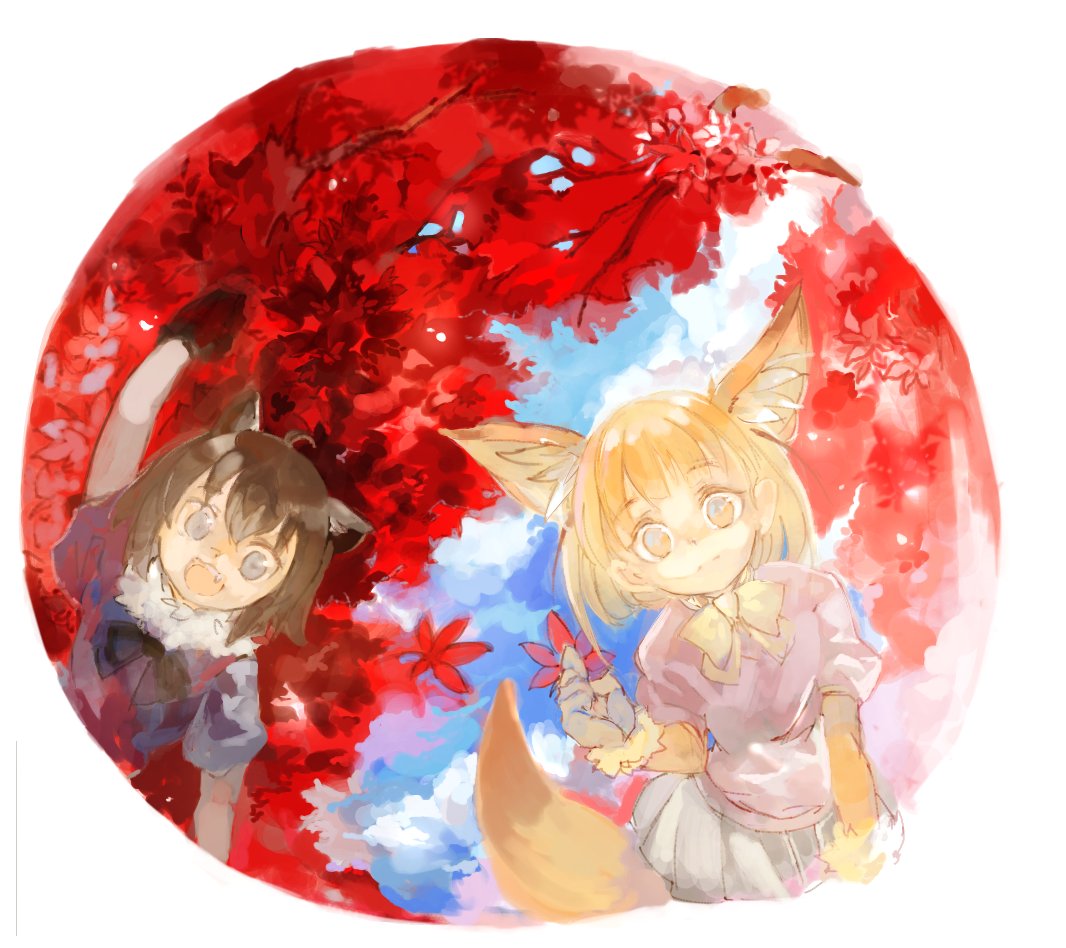 2girls animal_ears arm_up blonde_hair bow bowtie clenched_hand commentary_request common_raccoon_(kemono_friends) elbow_gloves eyebrows_visible_through_hair fang fennec_(kemono_friends) fox_ears fox_tail fur_collar gloves grey_hair kemono_friends konabetate leaf multicolored_hair multiple_girls pleated_skirt puffy_short_sleeves puffy_sleeves raccoon_ears short_hair short_sleeves skirt tail