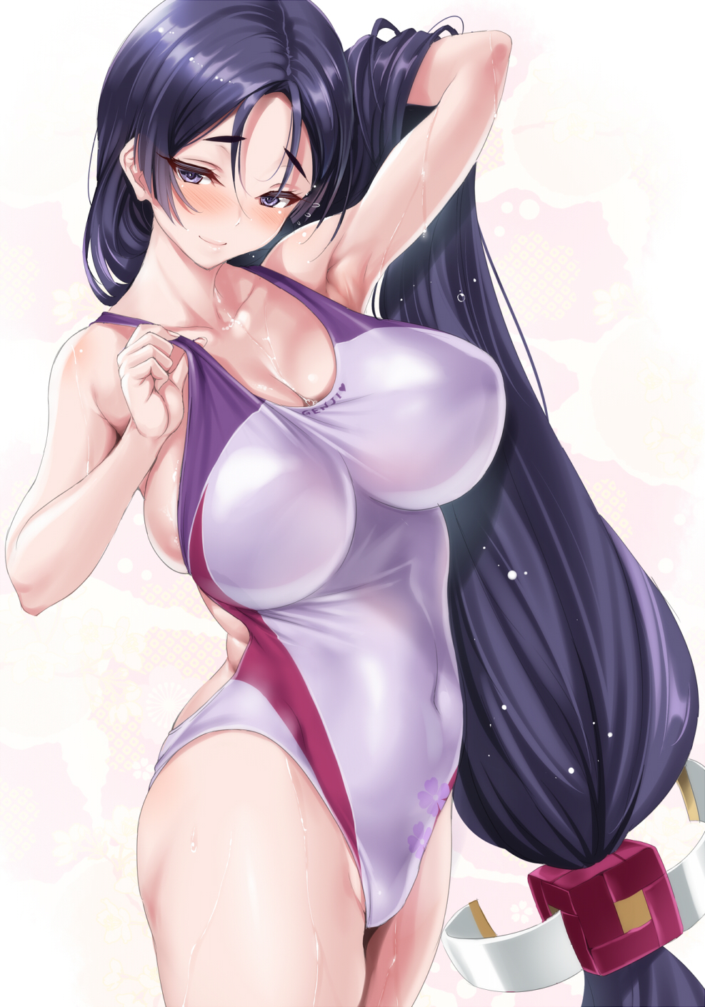 1girl adjusting_clothes adjusting_swimsuit arm_behind_head arm_up armpits bangs bare_shoulders blush breasts cleavage closed_mouth clothes_writing collarbone competition_swimsuit covered_navel cowboy_shot cube eyebrows_visible_through_hair eyelashes fanbox_reward fate/grand_order fate_(series) fingernails floral_print flying_sweatdrops groin hair_flip hair_ornament hair_tie half-closed_eyes hand_in_hair highleg highleg_swimsuit highres huge_breasts kure_masahiro large_breasts legs_together long_fingernails long_hair looking_at_viewer low-tied_long_hair minamoto_no_raikou_(fate/grand_order) nose_blush one-piece_swimsuit paid_reward parted_bangs purple_hair purple_swimsuit raised_eyebrows sideboob skindentation smile solo standing swimsuit thighs very_long_hair violet_eyes water_drop wet white_background