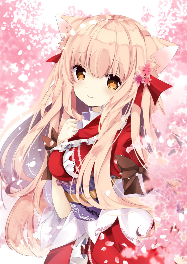 1girl animal_ear_fluff animal_ears bangs blush bow breasts brown_bow brown_eyes cat_ears closed_mouth commentary_request eyebrows_visible_through_hair flower hair_between_eyes hair_flower hair_ornament hair_ribbon hand_on_own_chest hand_up head_tilt japanese_clothes kimono light_brown_hair long_hair medium_breasts nanase_kureha nanase_nao obi original pink_flower puffy_short_sleeves puffy_sleeves red_kimono red_ribbon ribbon sash short_sleeves smile solo very_long_hair